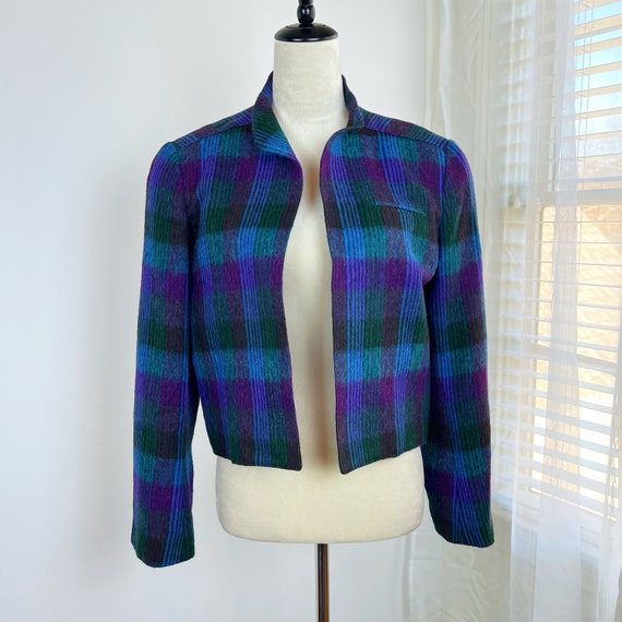 VINTAGE Y2K Cropped Purple Plaid Wool Blazer/Bras… - image 1