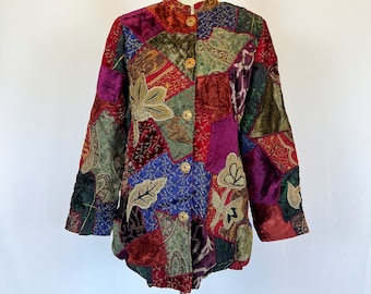 Vintage 90s Velvet Patchwork Quilted Jacket by Indigo Moon: Jewel Tone Embroidered Tapestry, Size S