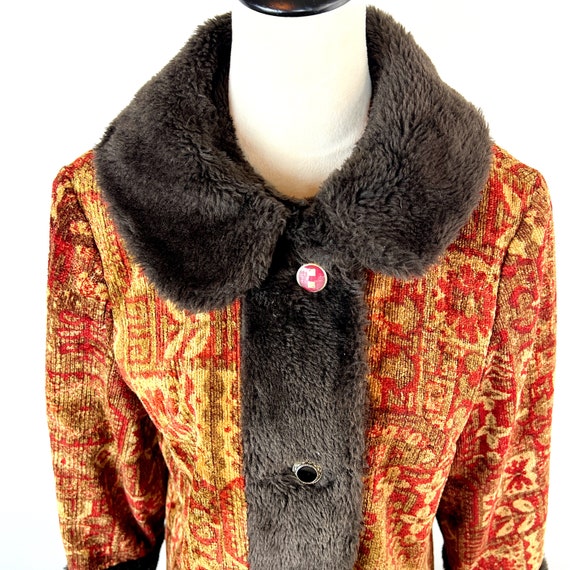 VINTAGE 60s Tapestry Carpet Coat With Brown Faux … - image 5