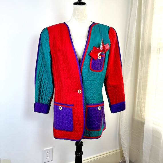 VINTAGE JEANNE MARC 80s Red and Teal Quilted Blaz… - image 1