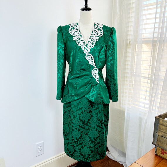 VINTAGE 80s Scott Mcclintock Green Damask Dress Suit With Lace  Collar/holiday Dress/cottage Core/see Measurements - Etsy