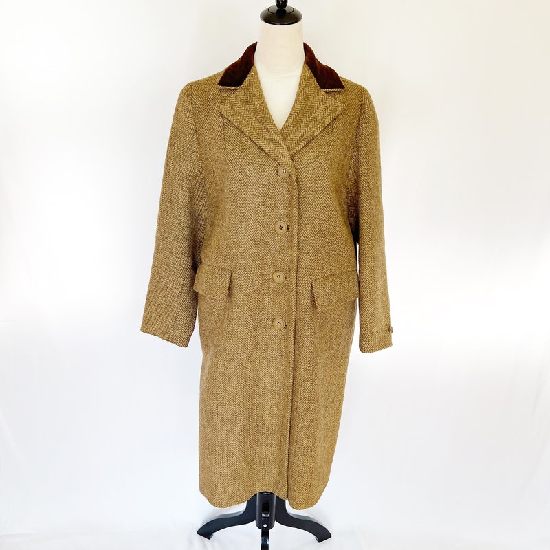 Vintage Wool Midi Coat Tweed Brown Cream 12 14