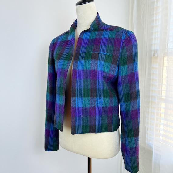 VINTAGE Y2K Cropped Purple Plaid Wool Blazer/Bras… - image 3