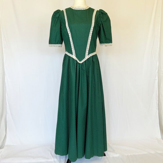 VINTAGE 70s Handmade Calico Green Prairie Dress w… - image 1