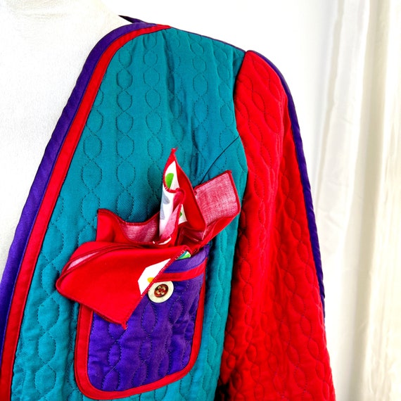 VINTAGE JEANNE MARC 80s Red and Teal Quilted Blaz… - image 5