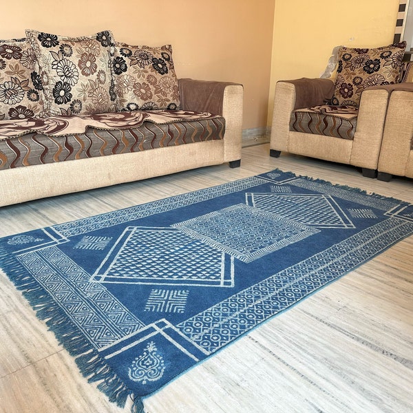 4*6 Natural indigo rug, home living rug, block printed rug, home and living rug, hand made rug, organic rug best indoor| outdoor| garden rug