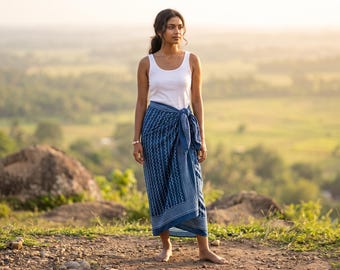 Hand Block Printed Cotton Sarong: Indian Beach Wrap, Pareo Scarf