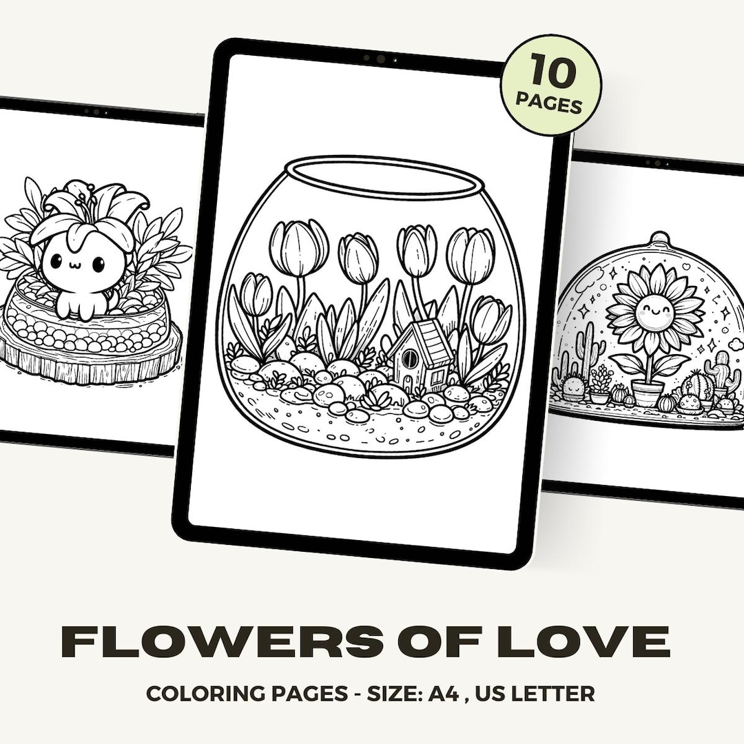 Flower of Love, Floral, Cute Flowers Coloring Pages for Kids and Adults ...