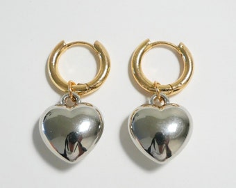 Gold and Silver Two Tone Puff Heart Dangle Hoop Earrings, Puff Heart Hoop Earrings, Duo Chrome