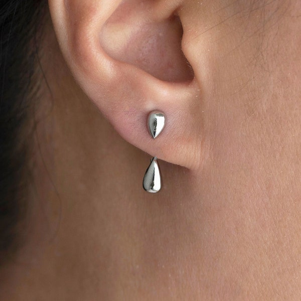 Tiny Water Drop Ear Jacket Earrings Gold or Silver Plated, Dainty Ear Jacket Minimalist Earrings, Gold or Silver Water Drop Earrings