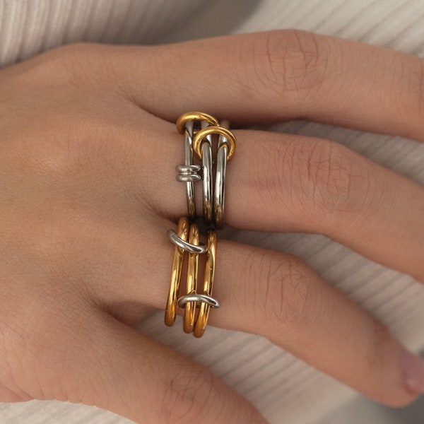 Stainless Steel MultiLayered Interlocking Ring Gold or Silver, Interlocking Stainless Steel Ring, Mixed Metals Multilayered Ring, Two Toned