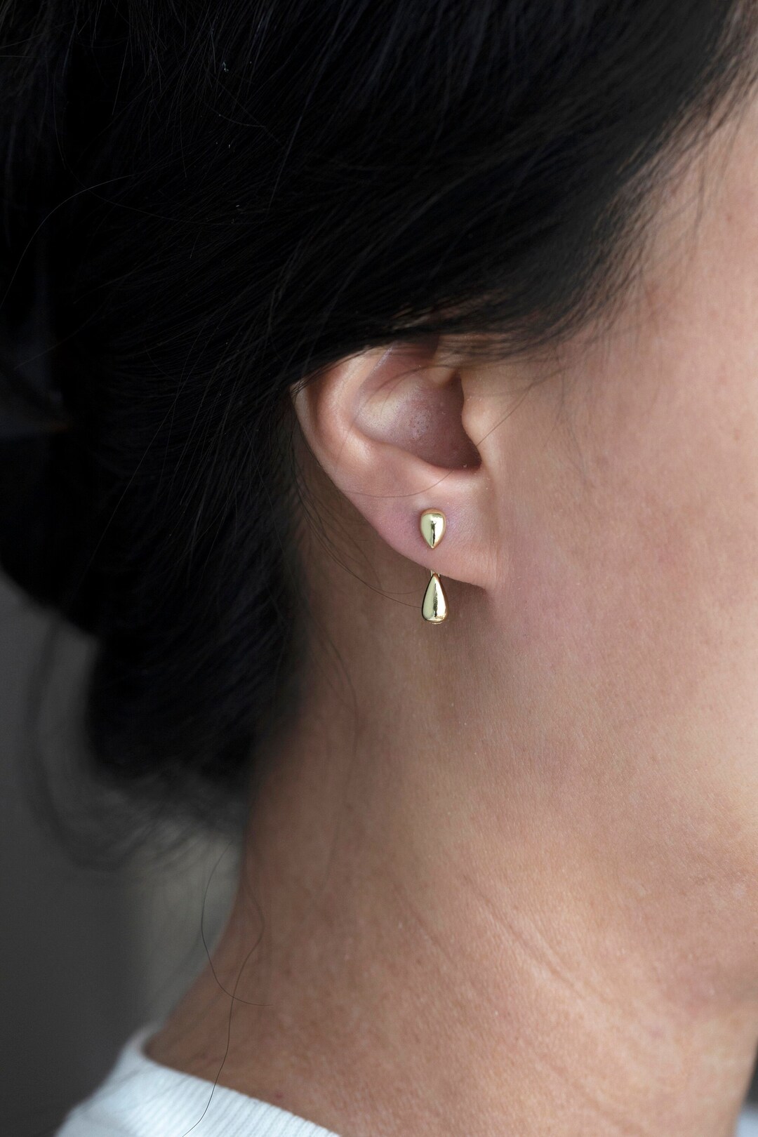 Tiny Water Drop Ear Jacket Earrings Gold or Silver Plated, Dainty Ear Jacket Minimalist Earrings