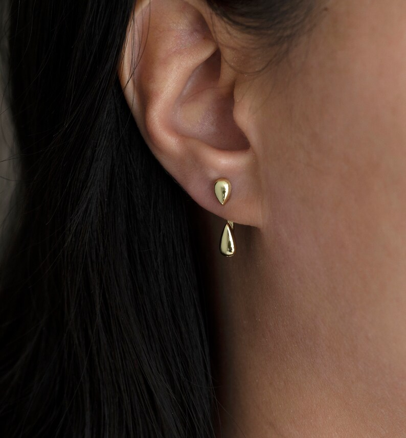 Tiny Water Drop Ear Jacket Earrings Gold or Silver Plated, Dainty Ear Jacket Minimalist Earrings