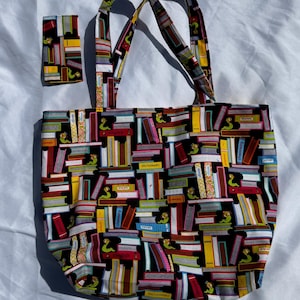 Bolso de biblioteca Bookworm con bolsillo y tarjetero a juego: bolso de mano único hecho a mano, bolso reutilizable para libros, bolso para el mercado de agricultores.