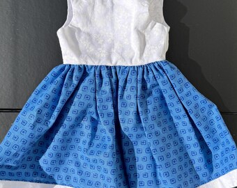 White Flower and Blue Geometric Sundress - Fits 18in Doll - Fits American Girl Doll - Hook and Loop closure