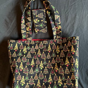 Bolsa navideña con bolsillo y tarjetero a juego - Bolsa de mano única hecha a mano, bolsa reutilizable - Bolsa para libros para el mercado de agricultores