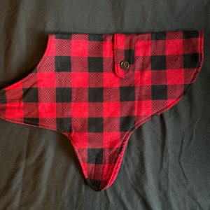 Könnte beinhalten: Rotes und schwarzes kariertes Hundehalstuch mit Knopfverschluss.
