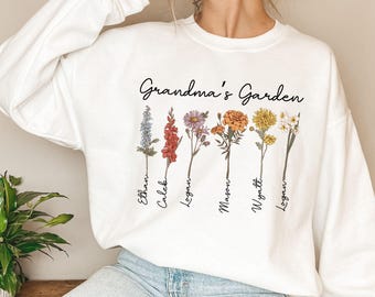 Custom Birth Flower Grandma's Garden Sweatshirt, Personalized Name Hoodie