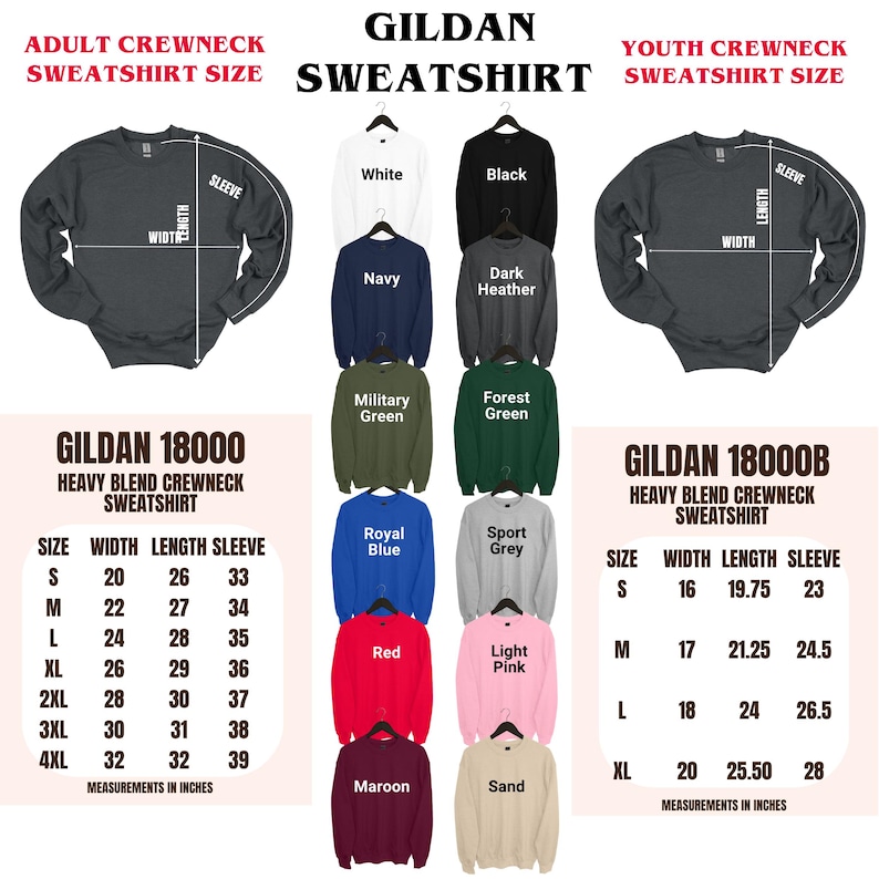 The image is a collage of various sizes and styles of GILDAAN crew neck sweatshirts, including a heavy blend crewneck sweatshirt and a youth crewneck sweatshirt. The image provides measurements and descriptions for each size and style, including the width and length of the sleeves, as well as the type of crew neck.