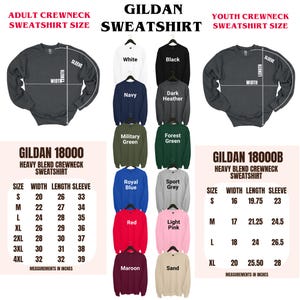 The image is a collage of various sizes and styles of GILDAAN crew neck sweatshirts, including a heavy blend crewneck sweatshirt and a youth crewneck sweatshirt. The image provides measurements and descriptions for each size and style, including the width and length of the sleeves, as well as the type of crew neck.