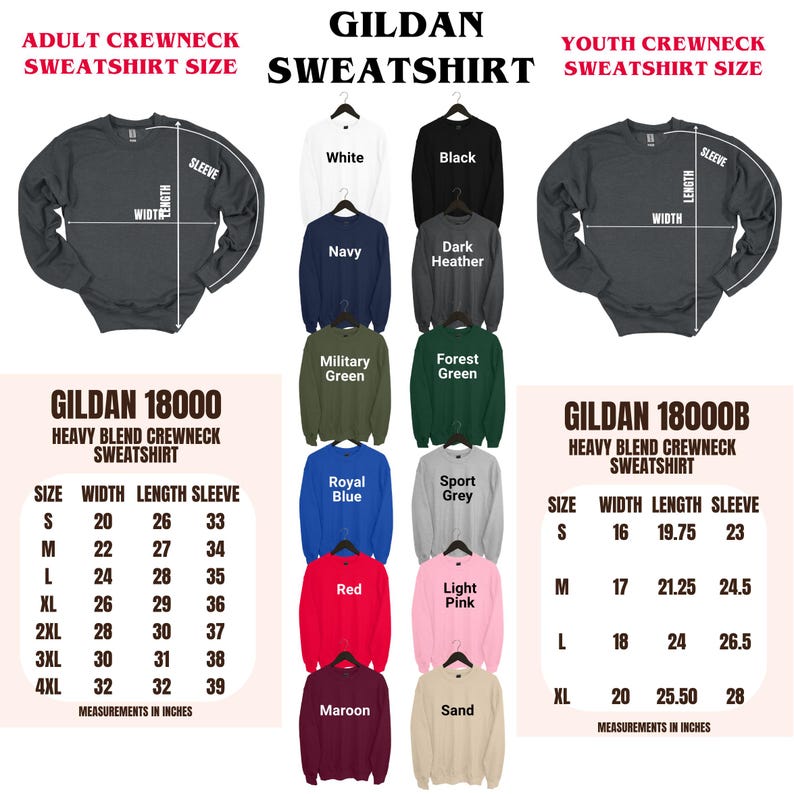 The image is a collage of various sizes and styles of GILDAAN crew neck sweatshirts, including a heavy blend crewneck sweatshirt and a youth crewneck sweatshirt. The image provides measurements and descriptions for each size and style, including the width and length of the sleeves, as well as the type of crew neck.