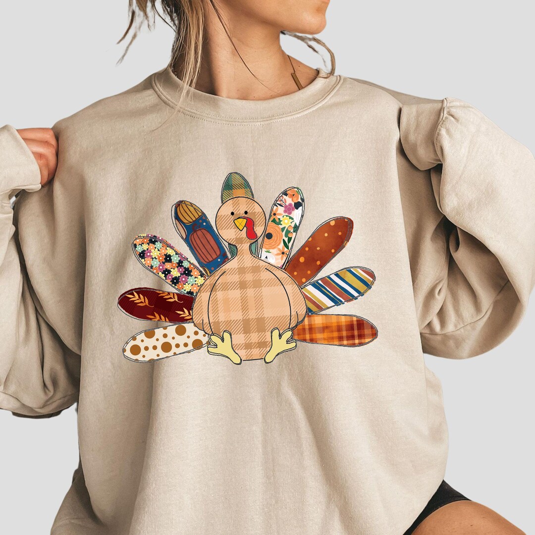 Smoke Gray Corded Ribbed Thanksgiving Turkey Sequin Patched Sleeve gobble Baggy Sweatshirt main image 1
