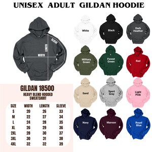 The image is a collage of various sizes and styles of adult gilt hoodies, including different colors and patterns.
