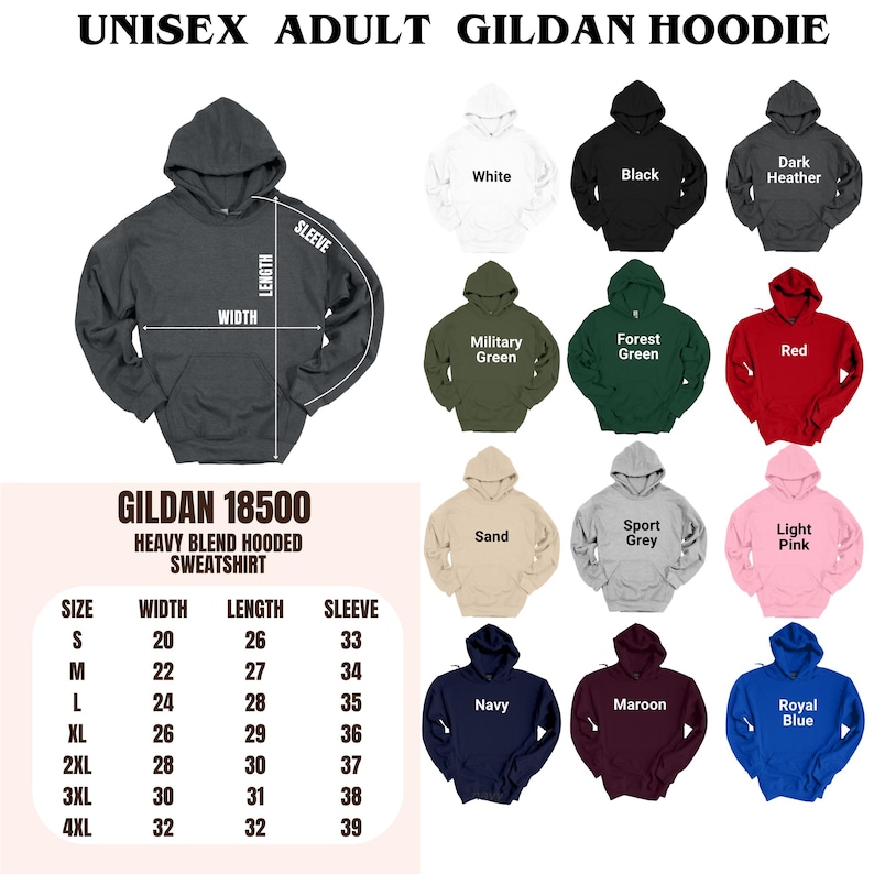 The image is a collage of various sizes and styles of adult gilt hoodies, including different colors and patterns.