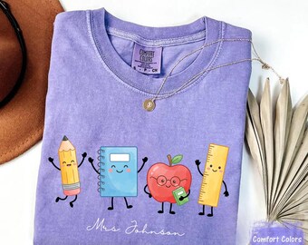 Kindergarten Teacher Shirt, Comfort Colors School Supply Tee, Custom Teacher Name