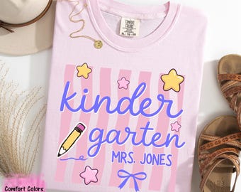 Kindergarten Teacher Shirt, Retro Stripe Comfort Colors Tee, Custom Teacher Name