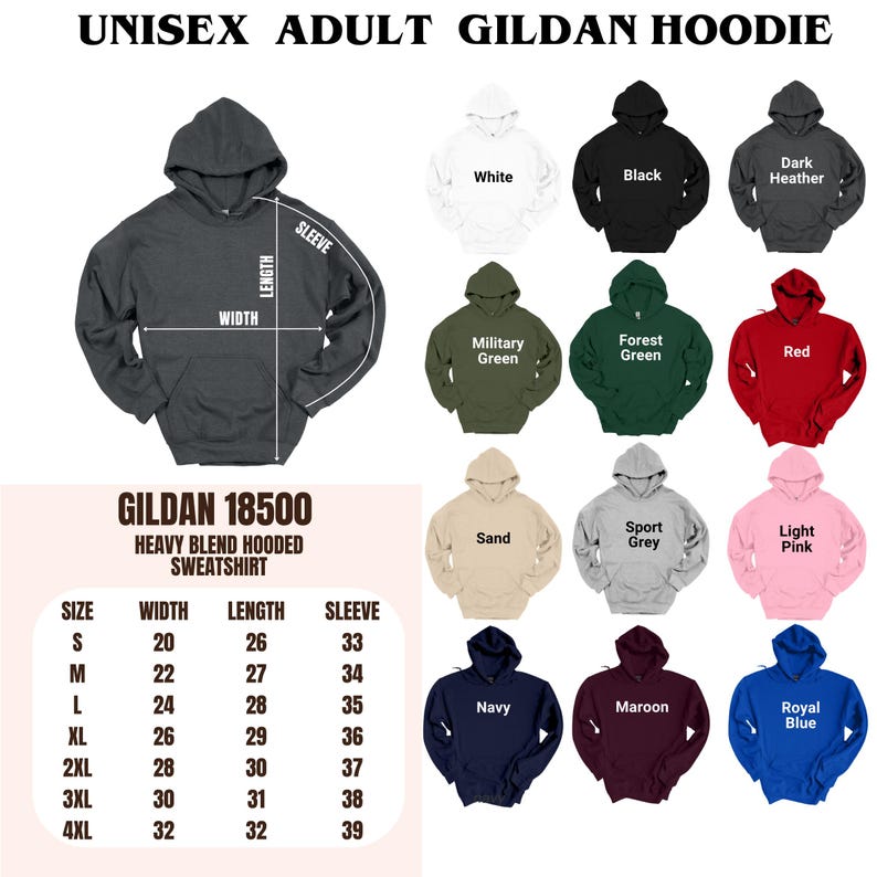 The image is a collage of various sizes and styles of adult gilt hoodies, including different colors and patterns.