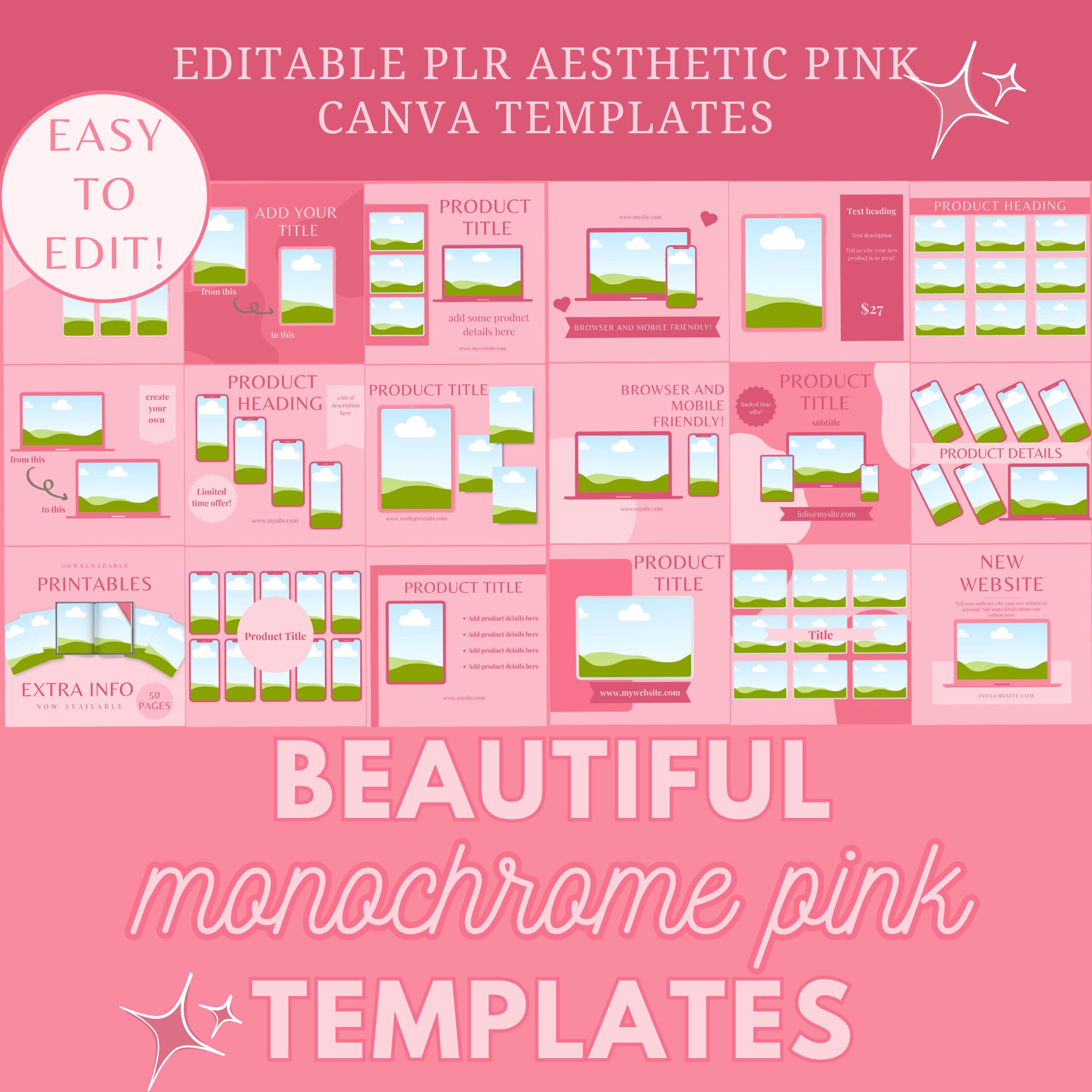 Mockup Listings PLR Templates Editable Canva Bundle, Pink Digital ...