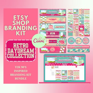 Pink and Green Y2k Etsy Shop Kit Banner Templates, Cute Pink Editable Canva Mockup, 90&#39;s Y2K Girly School Aesthetic Etsy Branding Kit