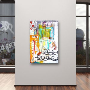 May include: Abstract painting with a colorful figure in the center. The figure is wearing a green and blue outfit and has a red heart on its chest. The background is white with splashes of yellow, orange, and red paint. The painting is titled "CORP" in black paint.