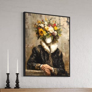 Surreal Flower Head Portrait: Antique Style Printable Art