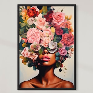 Impresión en lienzo de mujer con cabeza de rosa enmarcada, lienzo de mujer con cabeza de flor, mujer flor, arte de cabeza de pluma de niña 60x40, arte de lienzo de mujer con flor