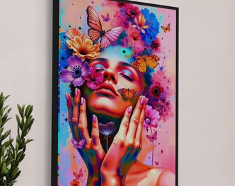 May include: A vibrant framed artwork featuring a woman's face adorned with colorful flowers and butterflies. The artwork showcases a palette of pinks, blues, oranges, and purples, with the woman's hands gently touching her face. The overall theme is nature and beauty.