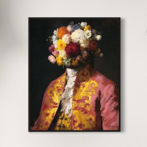 Surreal Flower Head Portrait: Antique Style Printable Art