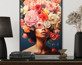 May include: A digital painting of a woman with a crown of pink, red, and orange flowers covering her eyes. The background is a dark blue.