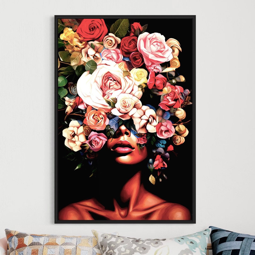 Framed Flowers Rose Head Woman Canvas Print, Woman With Flower Head