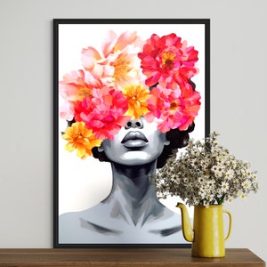 Framed Black on White colours Rose head woman canvas print, woman with flower canvas, woman with flower wall decor, woman flower canvas art