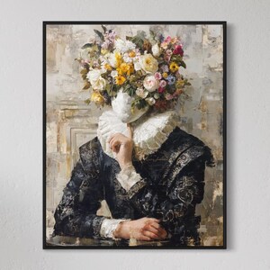 Surreal Flower Head Portrait: Antique Style Printable Art