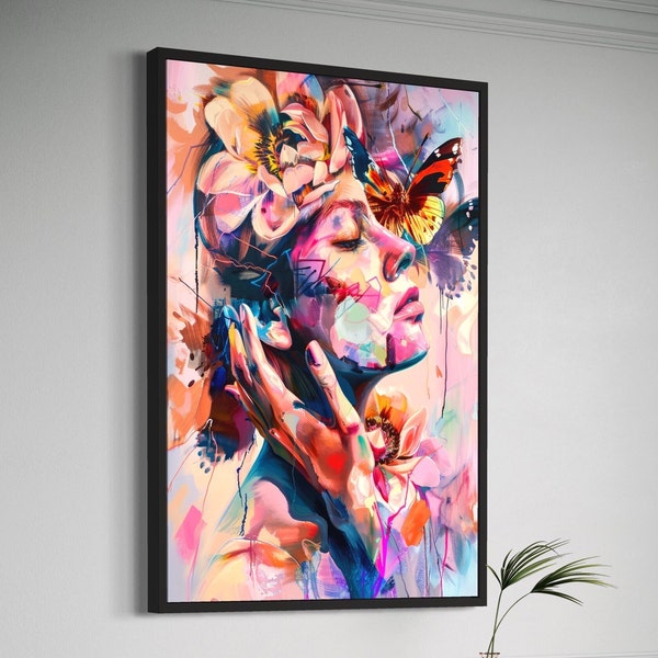 Framed rose head woman canvas print, woman with flower head canvas, woman with feather head wall decor, woman with flower canvas art