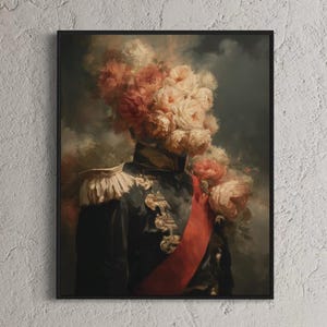 Surreal Flower Head Portrait: Antique Oil Painting Collage Art Print