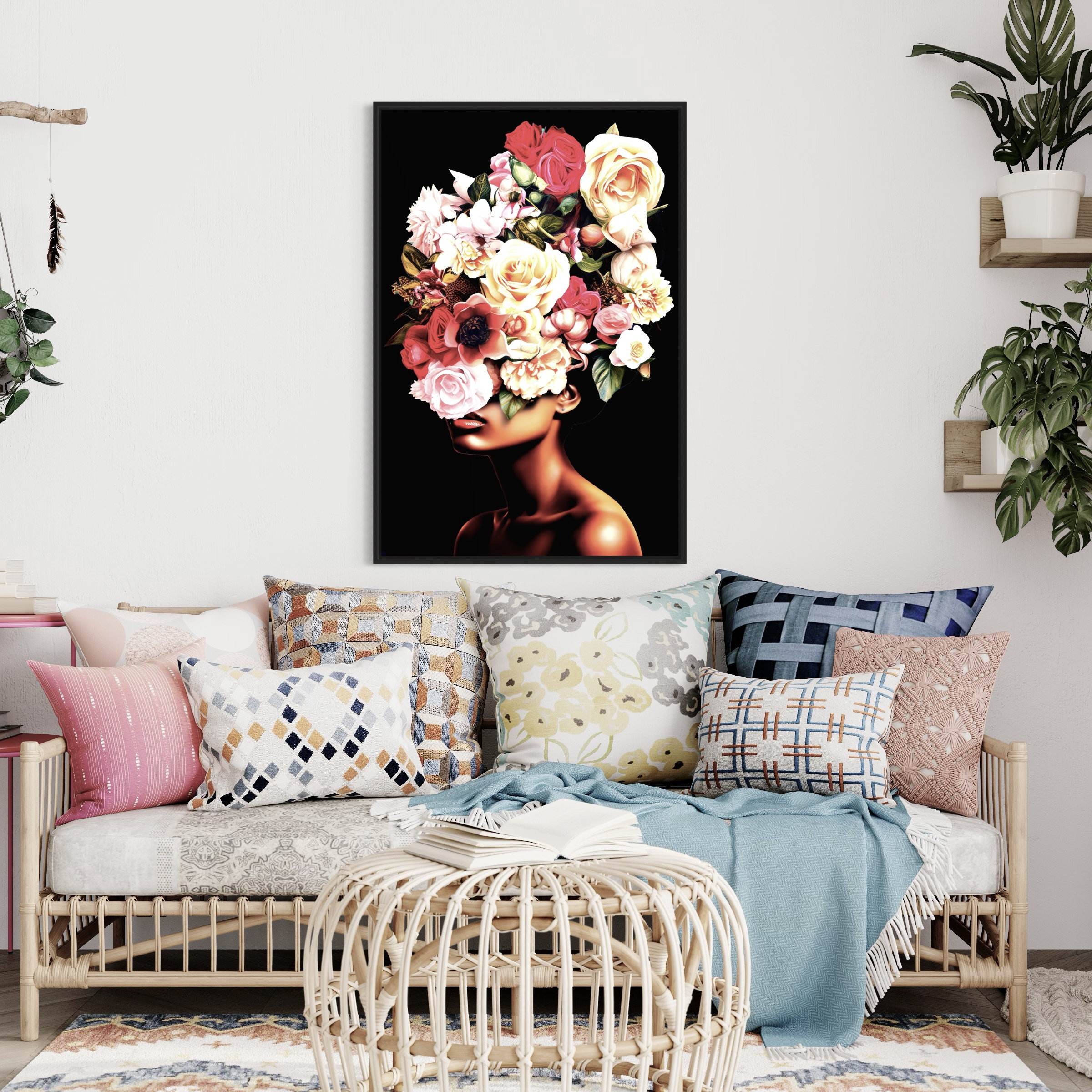 Framed Red Rose Head Woman Canvas Print, Woman With Flower Head Canvas