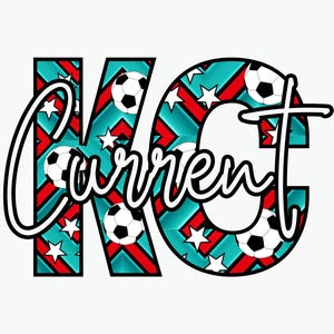 May include: A graphic design featuring the letters "KC" in a bold black outline. The letters are filled with a pattern of red and blue zigzags, white stars, and black and white soccer balls. The word "current" is written in a cursive font in black, overlapping the letters.