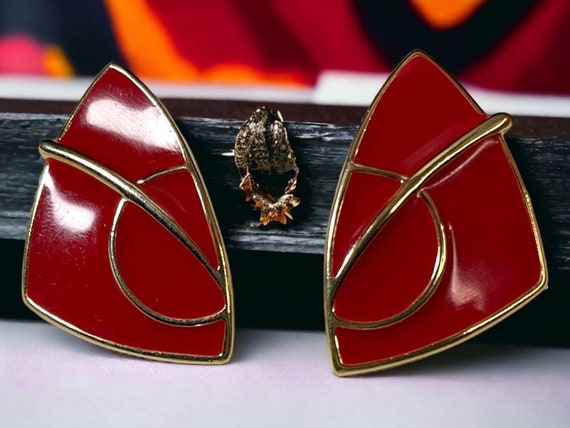 Vintage Trifari Earrings, Gold Tone and Red Ename… - image 1