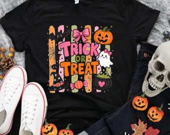 Cute Trick Or Treat Shirt, Pink Halloween Shirt, Coquette Ghost Shirt, Pastel Halloween T-Shirt, Spooky Season Shirt, Halloween Bow Tee