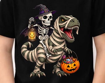 Halloween Skeleton Riding Mummy Dinosaur Shirt, Spooky Season T-Rex Shirt, Funny Halloween Graphic Tee, Halloween Gift For Dino Lover Kids
