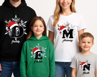 Custom Christmas Family Shirts Personalized Monogram Xmas Hoodie,Matching Family Christmas Outfit,Santa Hat Initial Shirts, Family Xmas Gift